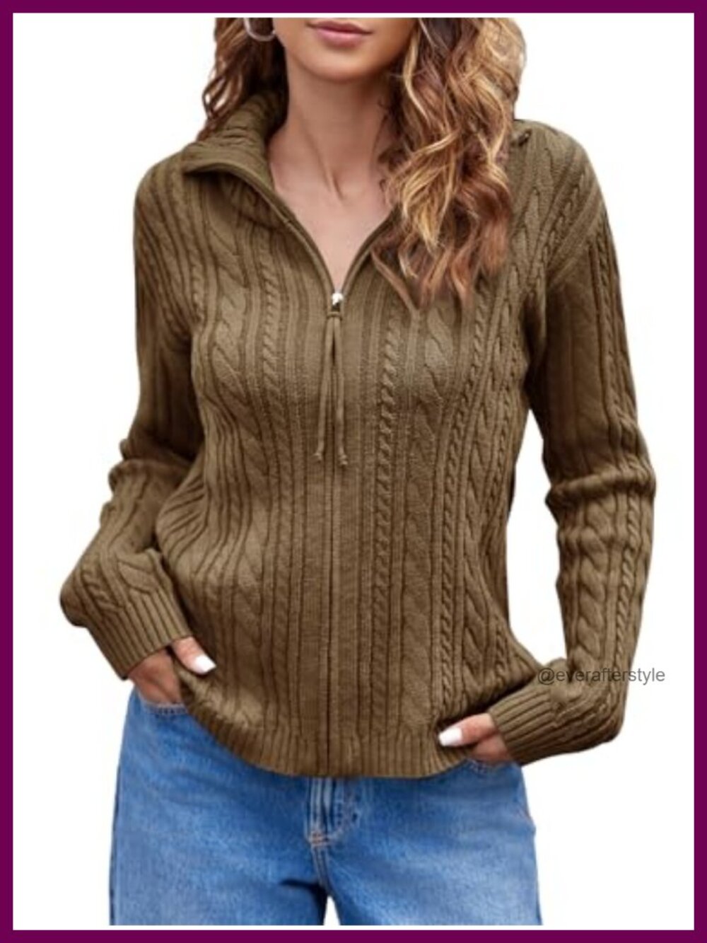 Womens Cable Knit Zip Up Cardigan Collared Long Sleeve Loose Vintage Knit